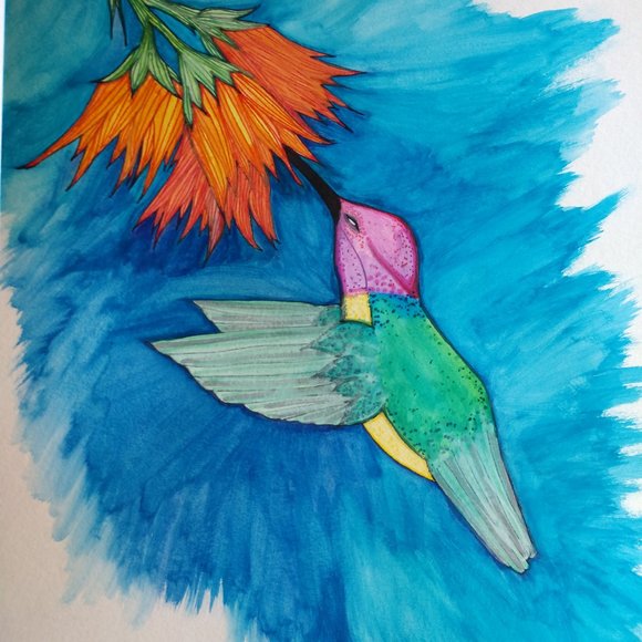 Painting Hummingbird and Flowers Watercolors Ink - Picture 9 of 16